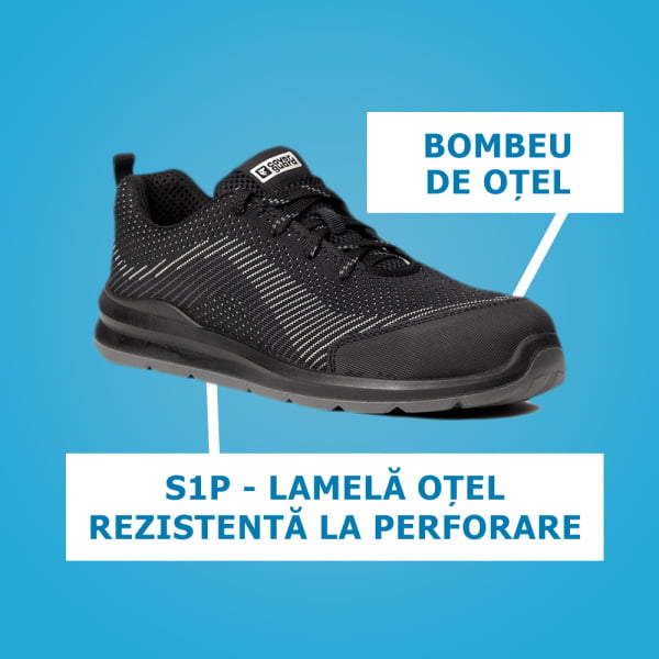 Pantofi protectie usori, S1P, SRC, MILERITE, model sport, negru, bombeu si lamela metalica, respirabilitate si confort, Coverguard