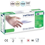 R36_Manusi de vinil nepudrate, de unica folosinta, Reflexx 36, ambidextre, 100% fara latex, certificate pentru folosire in industria alimentara, si EU 2017745 (MDR), EN 455 1,2,3 & 4, 100 buc_cutie_1princ