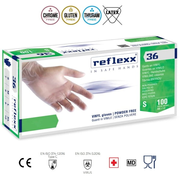 Manusi de vinil nepudrate, de unica folosinta, Reflexx 36, ambidextre, 100% fara latex, certificate pentru folosire in industria alimentara, si EU 2017/745 (MDR), EN 455 1,2,3 & 4, 100 buc/cutie