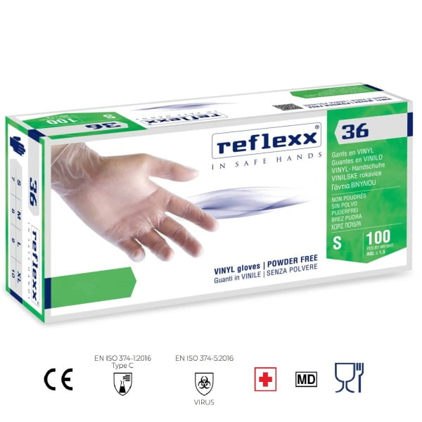 Manusi de vinil nepudrate, de unica folosinta, Reflexx 36, ambidextre, 100% fara latex, certificate pentru folosire in industria alimentara, si EU 2017/745 (MDR), EN 455 1,2,3 & 4, 100 buc/cutie