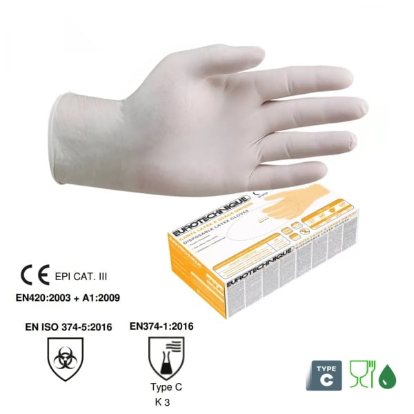 Manusi de unica folosinta, latex, pudrate  Euro-One 5810 , grosime 0.13 µm, certificate pentru industria alimentara, 100bucati/cutie