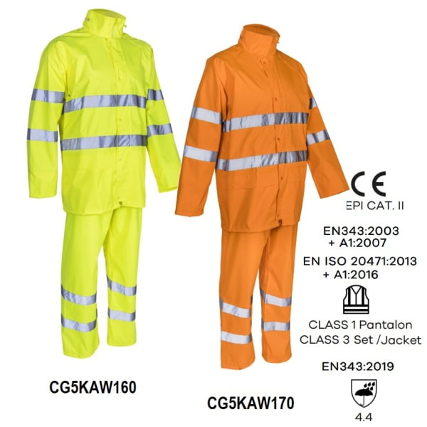 Costum impermeabil, Hi-Viz, pentru ploaie si vant, Kawa, portocaliu HV, compus din jacheta si pantaloni talie, benzi reflectorizante orificii de ventilatie, Coverguard