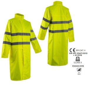 CG5KWC160_Pelerina lunga Hi-Viz, impermeabila, pentru ploaie si vant, Kawa, galben, cu benzi reflectorizante, lungime 120 cm, EN 20471_3, EN 343_4.4_1