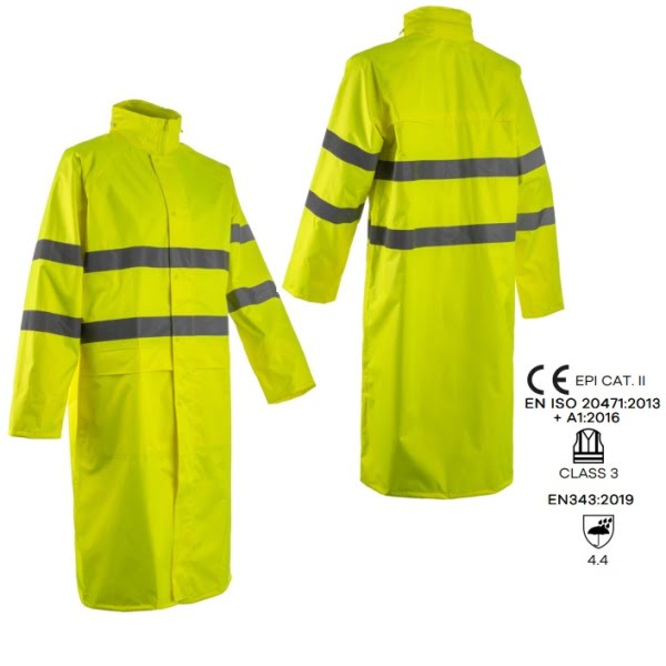 Pelerina lunga Hi-Viz, impermeabila, pentru ploaie si vant, Kawa, galben, cu benzi reflectorizante, lungime 120 cm, EN 20471:3, EN 343: 4.4