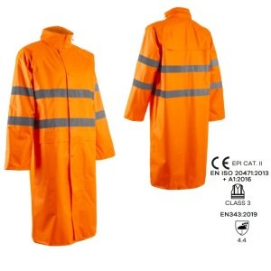 Pelerina lunga Hi-Viz, impermeabila, pentru ploaie si vant, Kawa, portocaliu, cu benzi reflectorizante, lungime 120 cm, EN 20471:3, EN 343: 4.4