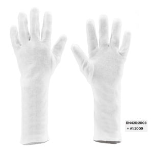 Manusi din bumbac si polyester, Eurolite 4152, albe, 40 cm lungime, marime unica 10, folosite pentru protectia produsului impotriva amprentelor