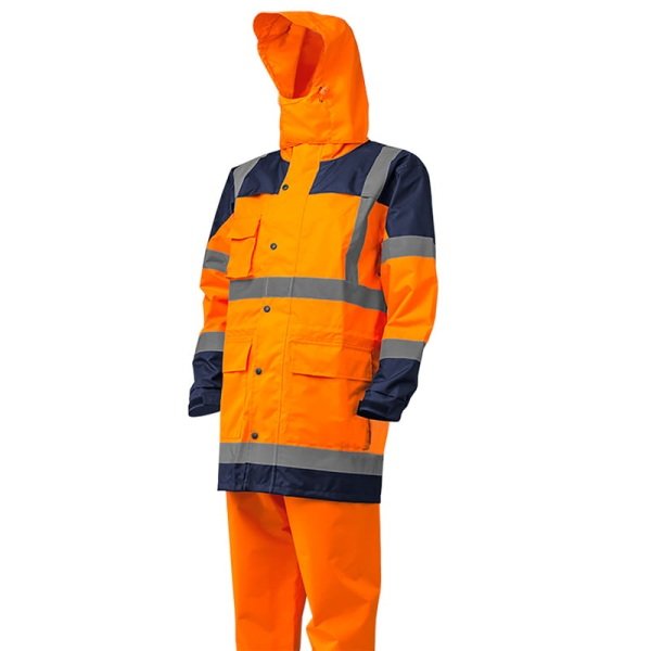 Costum impermeabil HI-Viz, pentru conditii de ploaie si vant, Hydra, vizibilitate ridicata, portocaliu fluorescent-albastru, benzi reflectorizante, compus din jacheta si pantaloni talie, Coverguard