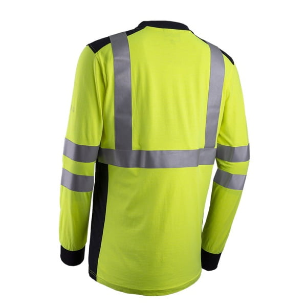 Tricou Polo Multirisc Hi-Viz, cu maneca lunga, EKHI, galben HV, albastru inchis, complet ignifug, benzi reflectorizante de 5 cm, EN 1149-5, EN 11612, EN 20471, Coverguard