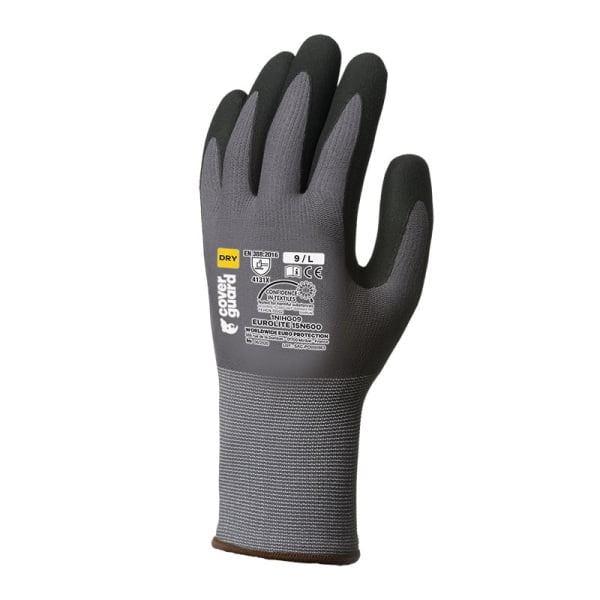 Manusi de protectie EUROLITE 15N600, gri/negru, imersie spuma de nitril pe palma, forma anatomica, dexteritate maxima,  hipoalergenic, EN388:4131X, Food Contact