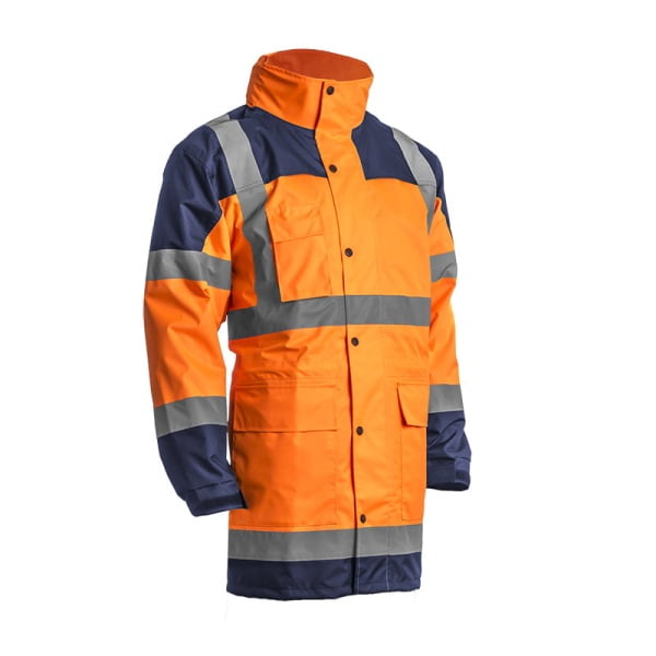 Jacheta impermeabila HI-Viz, pentru conditii de ploaie si vant, Hydra, vizibilitate ridicata, portocaliu fluorescent-albastru, benzi reflectorizante, material Oxford impregnat cu PU, Coverguard