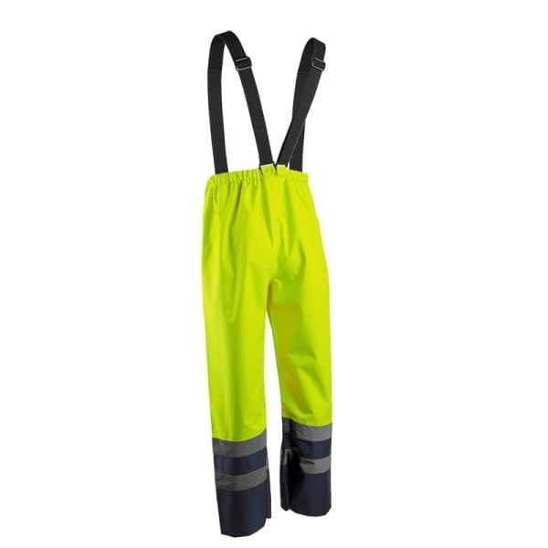 Pantaloni impermeabili HI-Viz, pentru conditii de ploaie si vant, Hydra, vizibilitate ridicata, galben fluorescent-albastru, benzi reflectorizante, material Oxford impregnat cu PU, bretele detasabile, Coverguard