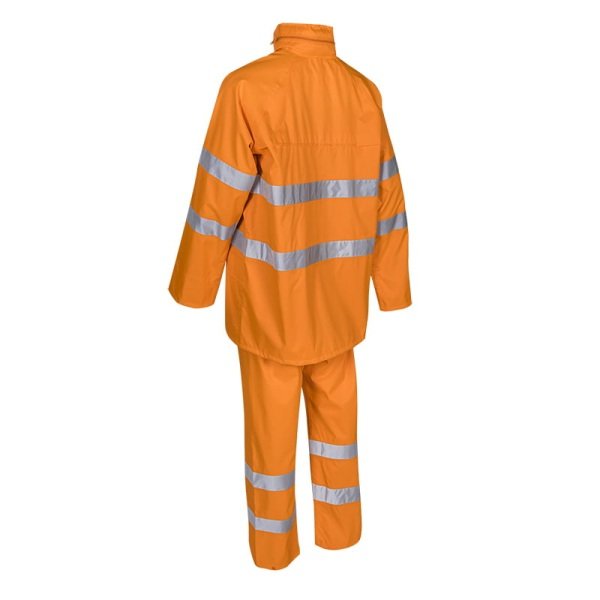 Costum impermeabil, Hi-Viz, pentru ploaie si vant, Kawa, portocaliu HV, compus din jacheta si pantaloni talie, benzi reflectorizante orificii de ventilatie, Coverguard