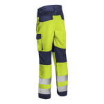 CG5HBA16_Pantaloni de lucru talie HIBANA, Hi-Viz, Clasa 2, galben_albastru inchis,insertii elastice, benzi reflectorizante_spate