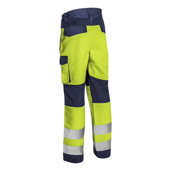 Pantaloni de lucru talie HIBANA, Hi-Viz, Clasa 2, galben/albastru inchis, 60%bumbac, 40% poliester, insertii elastice, benzi reflectorizante