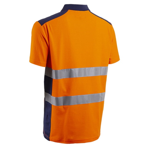 Tricou de lucru Hi-Viz, tip Polo, cu maneca scurta, OKI, portocaliu/bleumarin, 55% bumbac , 45% poliester, 150g/m², anti UV, UPF 35+, Coverguard