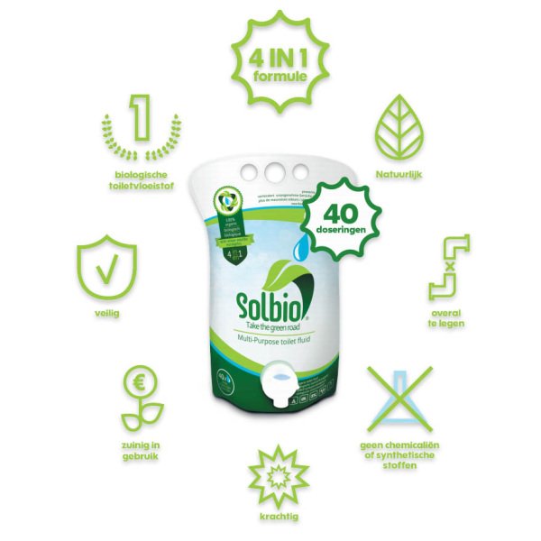 Solutie ecologica 4 in 1, SOLBIO,   pentru toalete portabile, 1,6 litri, 40 doze