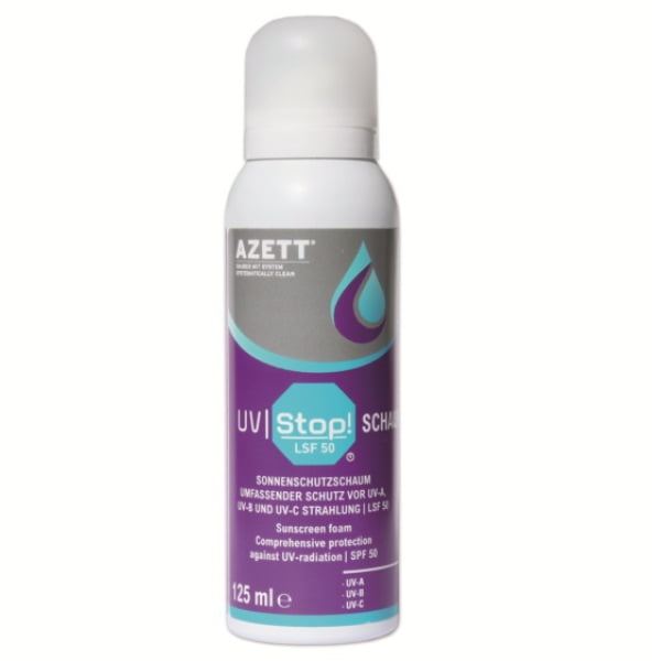 Spuma de protecție a pielii AZETT® UV STOP!, impotriva radiatiilor UVA, UVB si UVC, factor de protecție solară – SPF 50, 125ml, spray