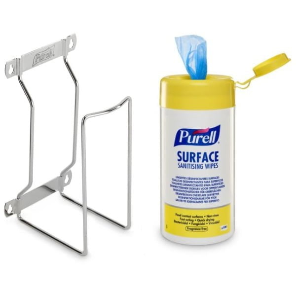 Suport pentru perete pentru canistra/tub de  servetele dezinfectante Purell, 200buc/can sau lavete abrazive de curatare Gojo Scrubbing Wipe, tub cu 80 de lavete impregnate