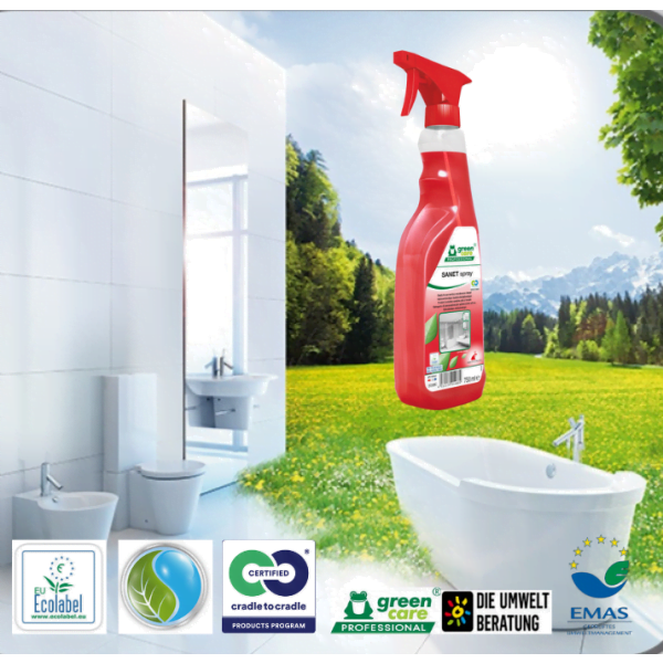 Detergent ecologic SANET Spray, Green Care, gata de utilizare, pentru spatii sanitare, bai si toalete 750ml, certificat Ecolabel, Cradle-to-Cradle, Biodegradabil complet