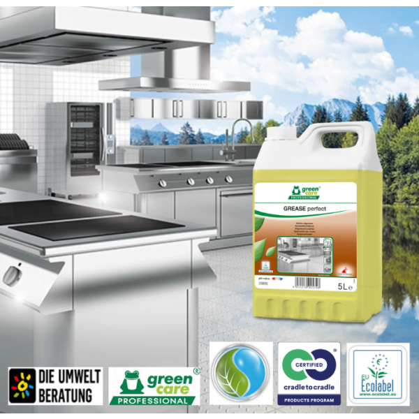 Detergent ecologic concentrat, GREASE Perfect, Green Care, 5l, degresant pentru hote si aragaze, aparate de feliat, cuptoare cu microunde, frigidere, cuptoare cu convectie, certificat Ecolabel, Cradle-to-Cradle, Biodegradabil Complet