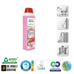 Detergent ecologic concentrat SANET zitrotan, Green Care, detartrant pentru spatii sanitare, bai, toalete, cu miros persistent, 1L, certificat A+ de catre Air Label Score, Ecolabel_ pictogr