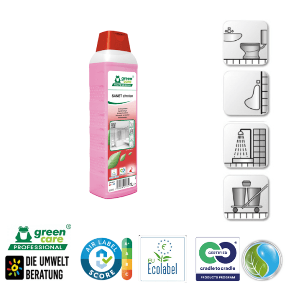 Detergent ecologic concentrat SANET zitrotan, Green Care, detartrant pentru spatii sanitare, bai, toalete, cu miros persistent, 1L, certificat A+ de catre Air Label Score, Ecolabel, Cradle-to-Cradle, CLP Free, Biodegradabil complet