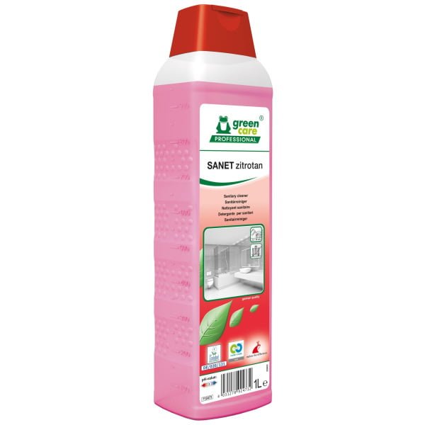 Detergent ecologic concentrat SANET zitrotan, Green Care, detartrant pentru spatii sanitare, bai, toalete, cu miros persistent, 1L, certificat A+ de catre Air Label Score, Ecolabel, Cradle-to-Cradle, CLP Free, Biodegradabil complet