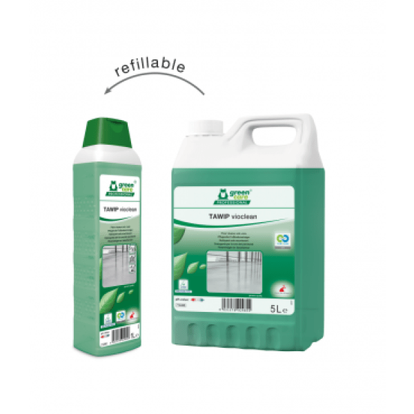 Detergent ecologic concentrat Tawip Vioclean, Green Care, 1L,  pentru pardoseli, din PVC, linoleum, cauciuc, piatră, lemn, cu efect antistatic, antialunecare, certificat Ecolabel, Cradle-to-Cradle, Biodegradabil, CLP free