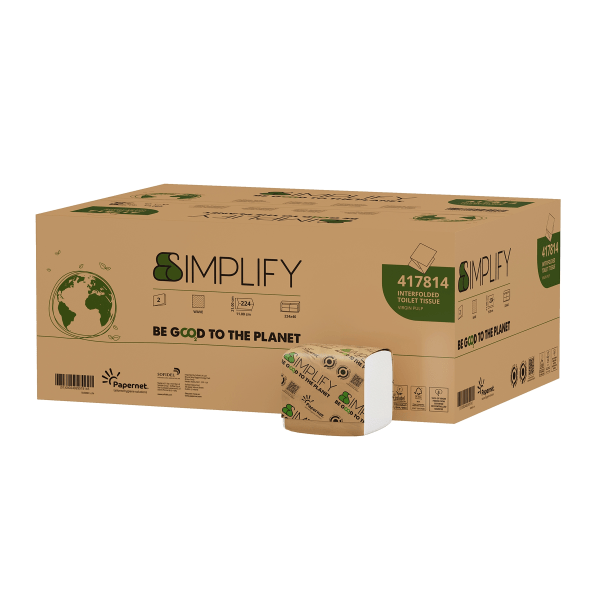 Hartie igienica bulk pack intercalata Papernet Simplify 417814, 2 straturi, alb, celuloza, 19.4 x 11 cm, certificare Ecolabel, FSC, 224 portii/pachet, 40 pachete/bax