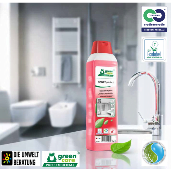 Detergent ecologic concentrat, SANET Perfect, Green Care, detartrant pentru spatii sanitare, bai, toalete, 1L, certificat Ecolabel, Cradle-to-Cradle, CLP Free, Biodegradabil complet