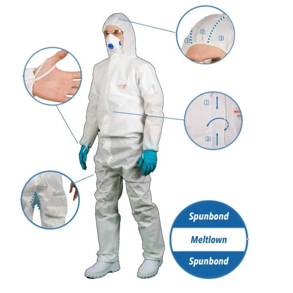 Combinezon de protectie, OxyChem C110, clasa 5/6, polipropilena, alb, antistatic, protectie impotriva contaminarii cu chimicale, microorganisme si particule radioactive, marime L