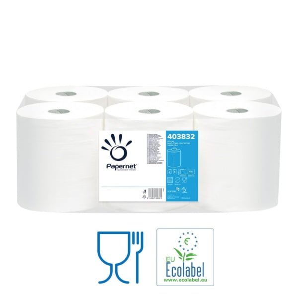 Rola hartie cu derulare centrala 403832, Papernet, celuloza, 108 m, 2 straturi, 450 porti/rola, 6 role/bax, certificata pentru industria alimentara Food Contact,  EcoLabel