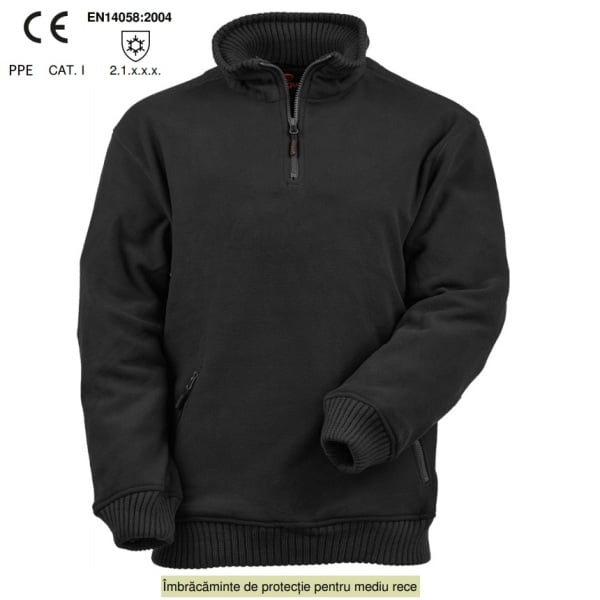 Pulover / Hanorac Angara, negru, cu fermoar la baza gatului, fleece, gros, poliester micropolar, 420 g/m², fara scamosare, mediu cu temperaturi scazute