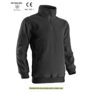 Pulover / Hanorac Angara, negru, cu fermoar la baza gatului, fleece, gros, poliester micropolar, 420 g/m², fara scamosare, mediu cu temperaturi scazute