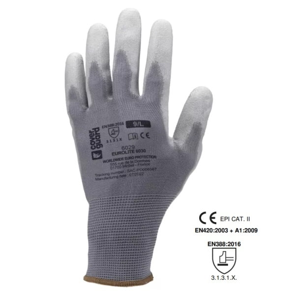 Manusi de protectie Eurolite 6030, gri, imersate cu poliuretan (PU) pe palma, rezistente la uzura si rupere, 10 perechi/pachet Coverguard