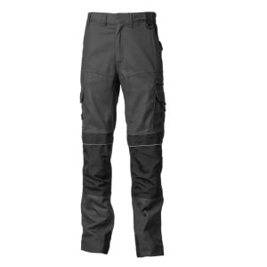 CG8SMTG_Pantaloni de lucru, talie, SMART, gri, cusaturi triple, buzunare multiple, zone intarite, benzi reflectorizante pe genunchi si glezne_fata