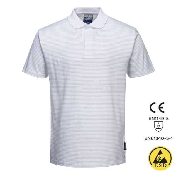 Tricou Polo, antistatic, ESD, cu maneca scurta, AS21, alb, usor si confortabil, 96% bumbac, 4% fibra Carbon 195g/m², certificat EN 1149 -5, IEC 61340-5-1