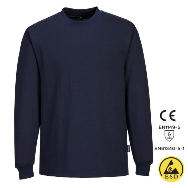 Tricou antistatic, ESD, cu maneca lunga, AS22, albastru inchis, usor si confortabil, 96% bumbac, 4% fibra Carbon 195g/m², certificat EN 1149 -5, IEC 61340-5-1