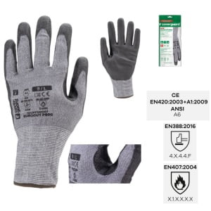 Manusi de protectie cu rezistenta la taiere F, protectie la temperatura 100°C pentru 15 sec, EUROCUT P600, gri, imersie PU, EN 388 : 4X44F, 10 perechi/pachet, Coverguard