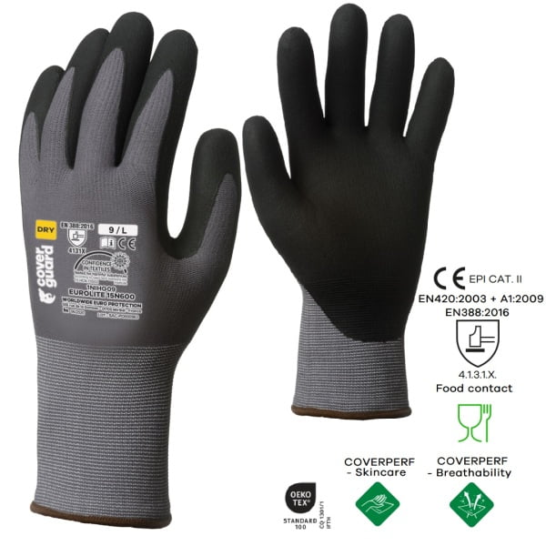 Manusi de protectie EUROLITE 15N600, gri/negru, imersie spuma de nitril pe palma, forma anatomica, dexteritate maxima,  hipoalergenic, EN388:4131X, Food Contact