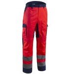 CG5HBA130_Pantaloni de lucru talie HIBANA, Hi-Viz, Clasa 2, rosu_albastru inchis,insertii elastice, benzi reflectorizante_fata