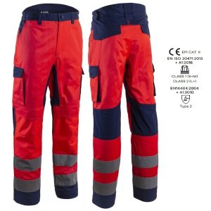 CG5HBA130_Pantaloni de lucru talie HIBANA, Hi-Viz, Clasa 2, rosu_albastru inchis,insertii elastice, benzi reflectorizante_princ