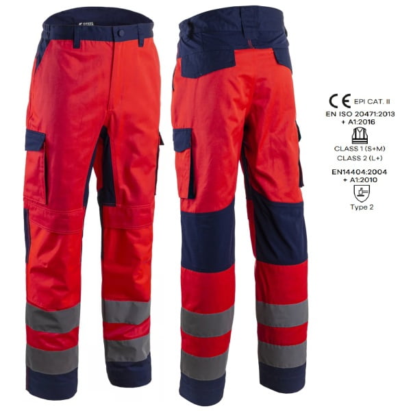 Pantaloni de lucru talie HIBANA, Hi-Viz, Clasa 2, rosu/albastru inchis, 60%bumbac, 40% poliester, insertii elastice, benzi reflectorizante