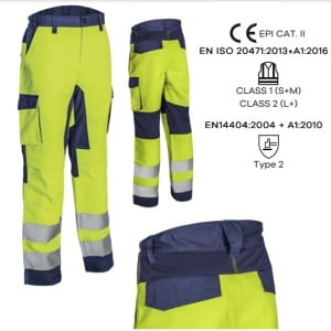 CG5HBA16_Pantaloni de lucru talie HIBANA, Hi-Viz, Clasa 2, galben_albastru inchis,insertii elastice, benzi reflectorizante_princ