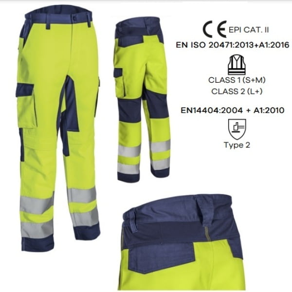 Pantaloni de lucru talie HIBANA, Hi-Viz, Clasa 2, galben/albastru inchis, 60%bumbac, 40% poliester, insertii elastice, benzi reflectorizante