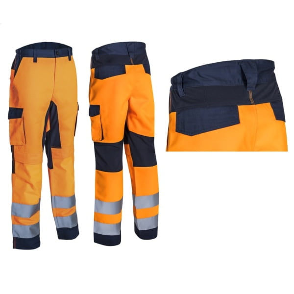 Pantaloni de lucru talie HIBANA, Hi-Viz, Clasa 2, portocaliu/albastru inchis, 60%bumbac, 40% poliester, insertii elastice, benzi reflectorizante