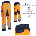 CG5HBA17_Pantaloni de lucru talie HIBANA, Hi-Viz, Clasa 2, portocaliu_albastru inchis,insertii elastice, benzi reflectorizante_princ