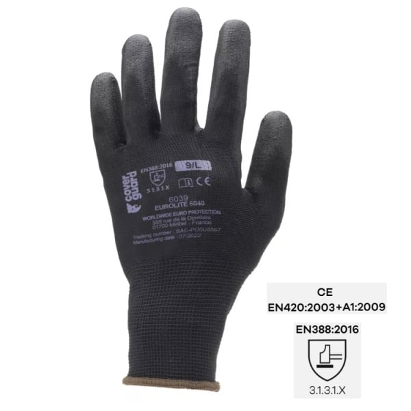 Manusi de protectie Eurolite 6040, negre, imersate cu poliuretan (PU) pe palma, rezistente la uzura si rupere, 10 perechi/pachet Coverguard