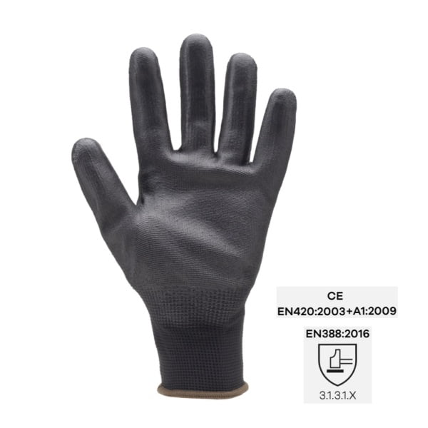 Manusi de protectie Eurolite 6040, negre, imersate cu poliuretan (PU) pe palma, rezistente la uzura si rupere, 10 perechi/pachet Coverguard