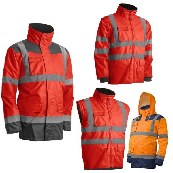 Haina de lucru pentru iarna, multifunctionala, HI-VIZ, 4 in 1, reflectorizanta, impermeabila, Kanata, rosu/gri inchis (antracit), cu maneci si gluga detasabile